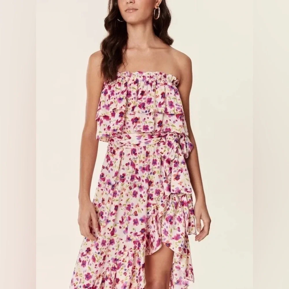 MISA Los Angeles Sabella Strapless Ruffle Tie Waist Midi Dress in Fuchsia Floral